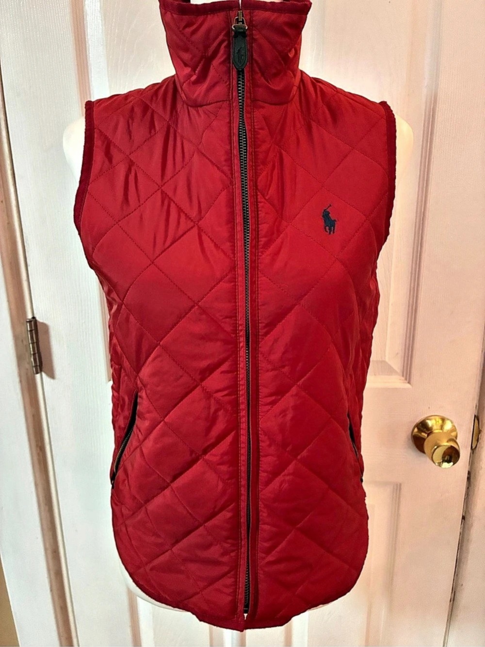 Ralph Lauren Women's Red Diamond Quilted Vest Mock Neck Full Zip Size S/P EUC